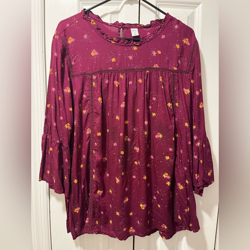 Red Bib Collar Blouse with Ruffled Sleeves